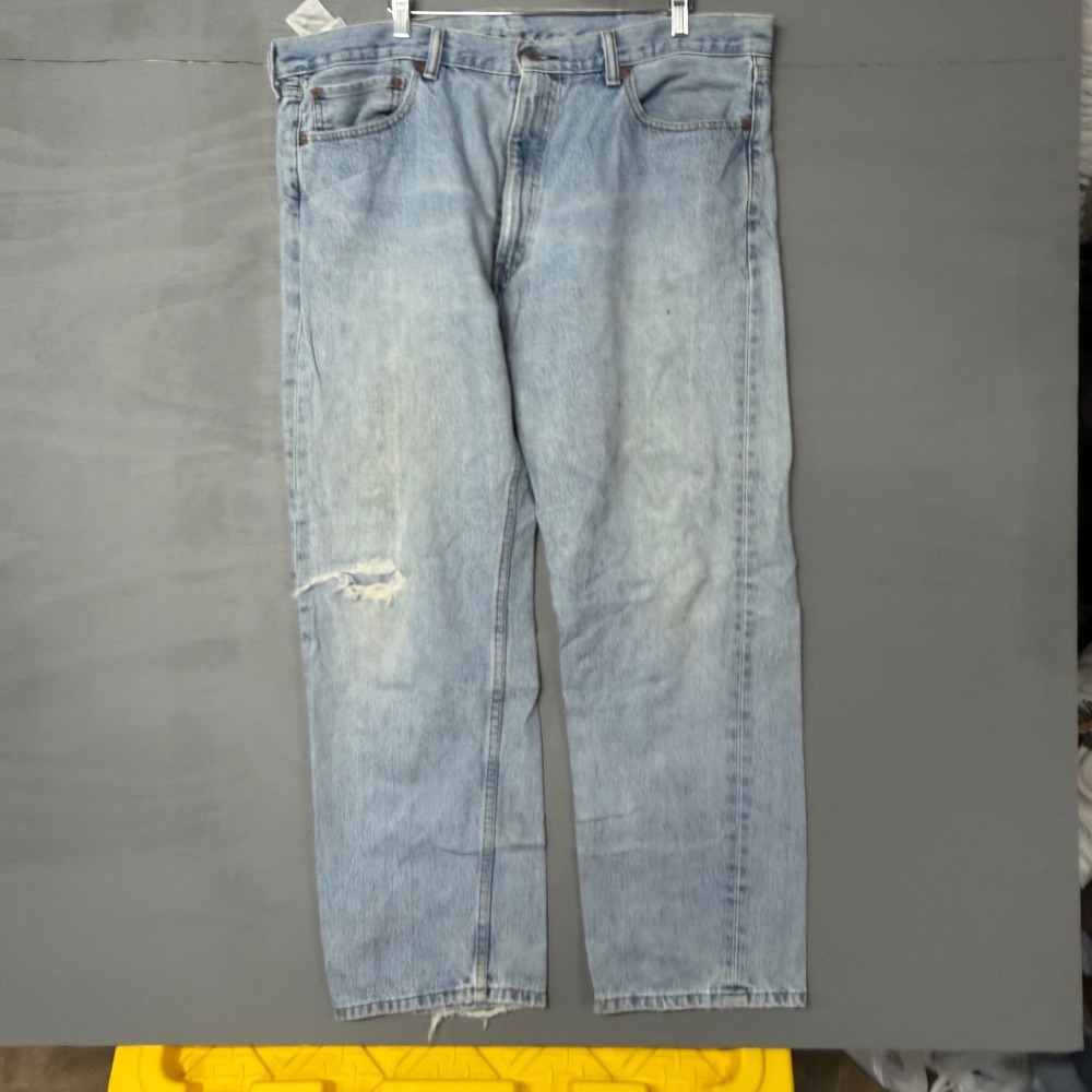 Levis 505 Regular Fit Straight Leg Jeans Mens 40x29 Light Wash Distressed Blue - Picture 4 of 5
